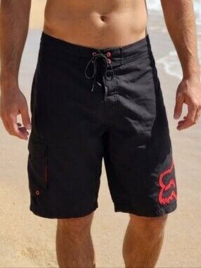 FOX Racing Black Boardshorts With Red Fox Logo Size 34
